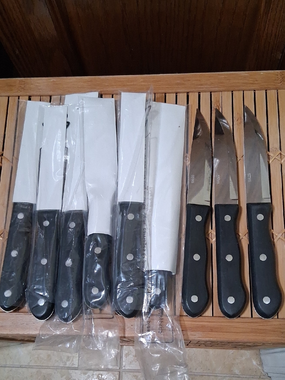 Set of 10 Walco Serrated Steak Knives - Black Handles
